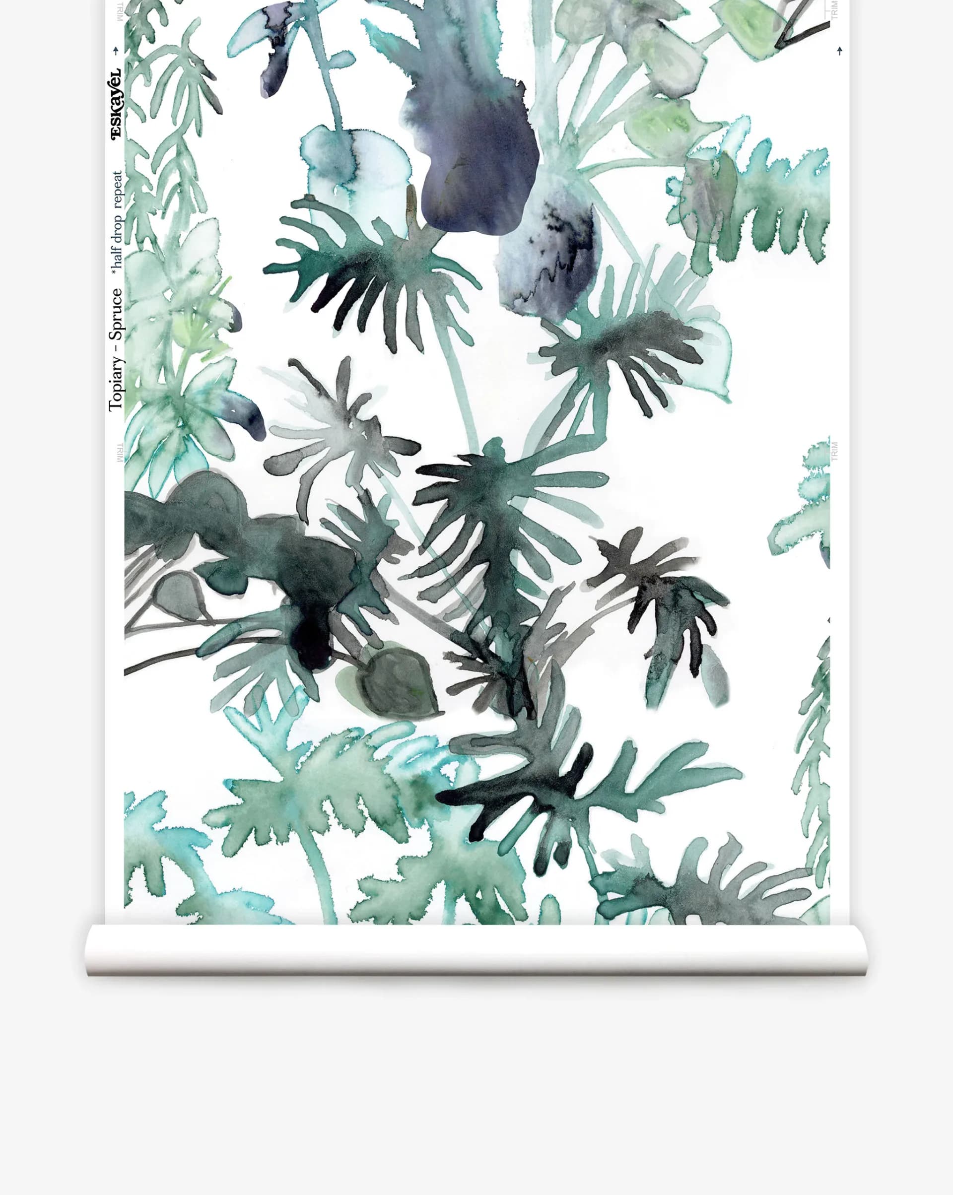 Watercolor window shade with layered botanical motifs in soft greens, teals, and blacks featuring organic leaf and plant forms by Eskayel.