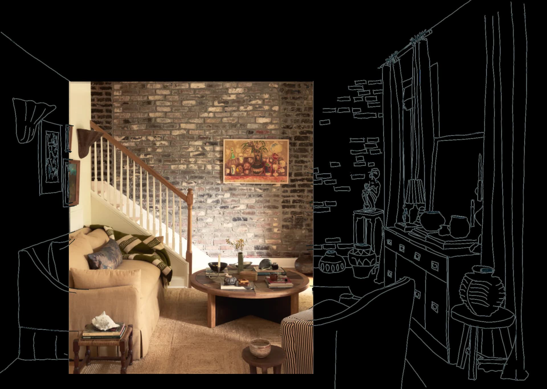 Architectural sketch overlay showing a brick residential interior with wooden staircase, furniture, and kitchen elements by Someplace Else.