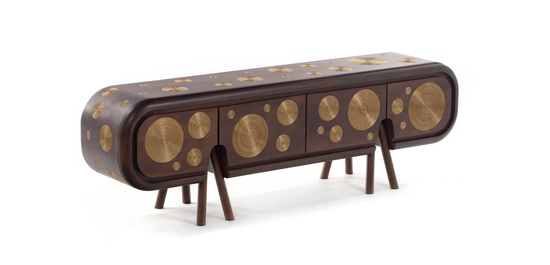 Sculptural wooden credenza with organic curved form and brass circular inlays, supported by angular dark wooden legs, by Estudio Campana.