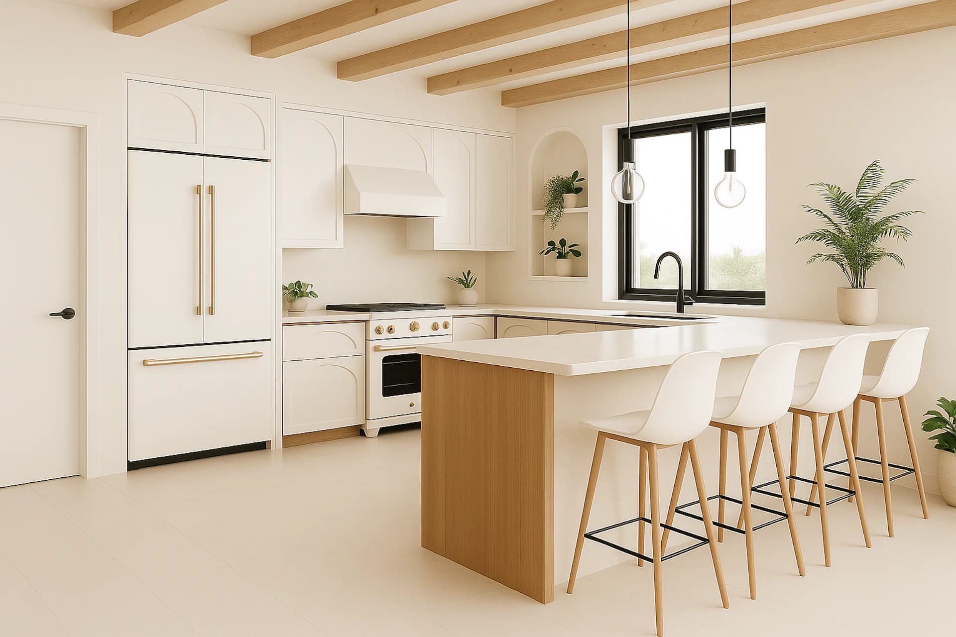 Modern kitchen with white cabinetry, wooden island, and bar seating featuring synthetic lighting and perfect material uniformity by FAR Architecture.