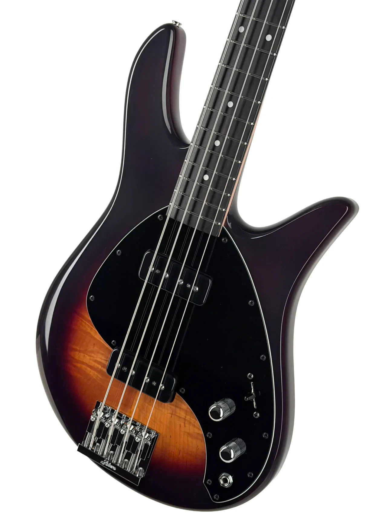 Five-string bass guitar with sunburst finish, black pickguard, and rosewood fretboard, photographed against white background by Fodera Guitars.
