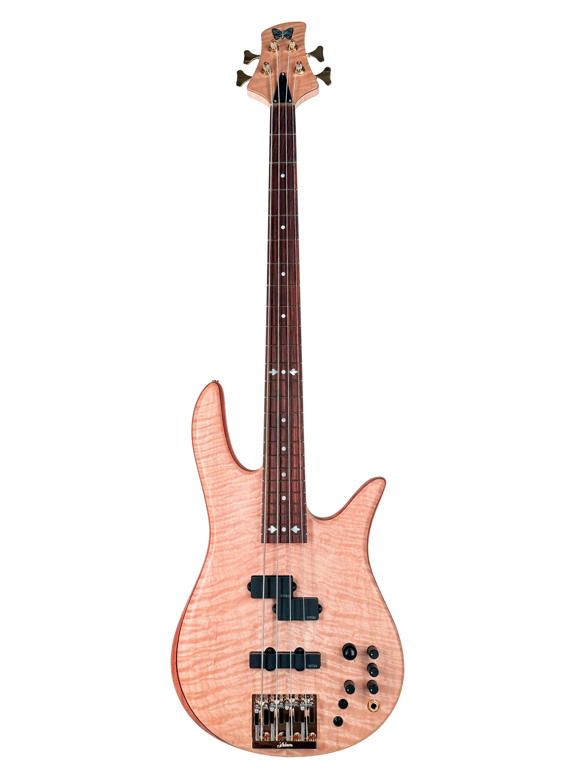 Natural wood-finish bass guitar with figured maple body, dark rosewood fingerboard, and four-string bridge setup by Fodera Guitars.