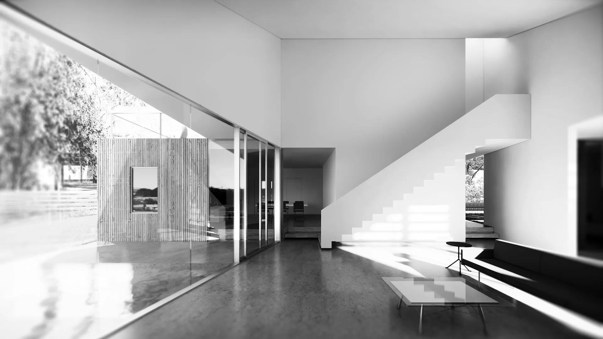 Minimalist interior with floor-to-ceiling glazing, angular white walls, and dramatic natural light, designed by FORRM.