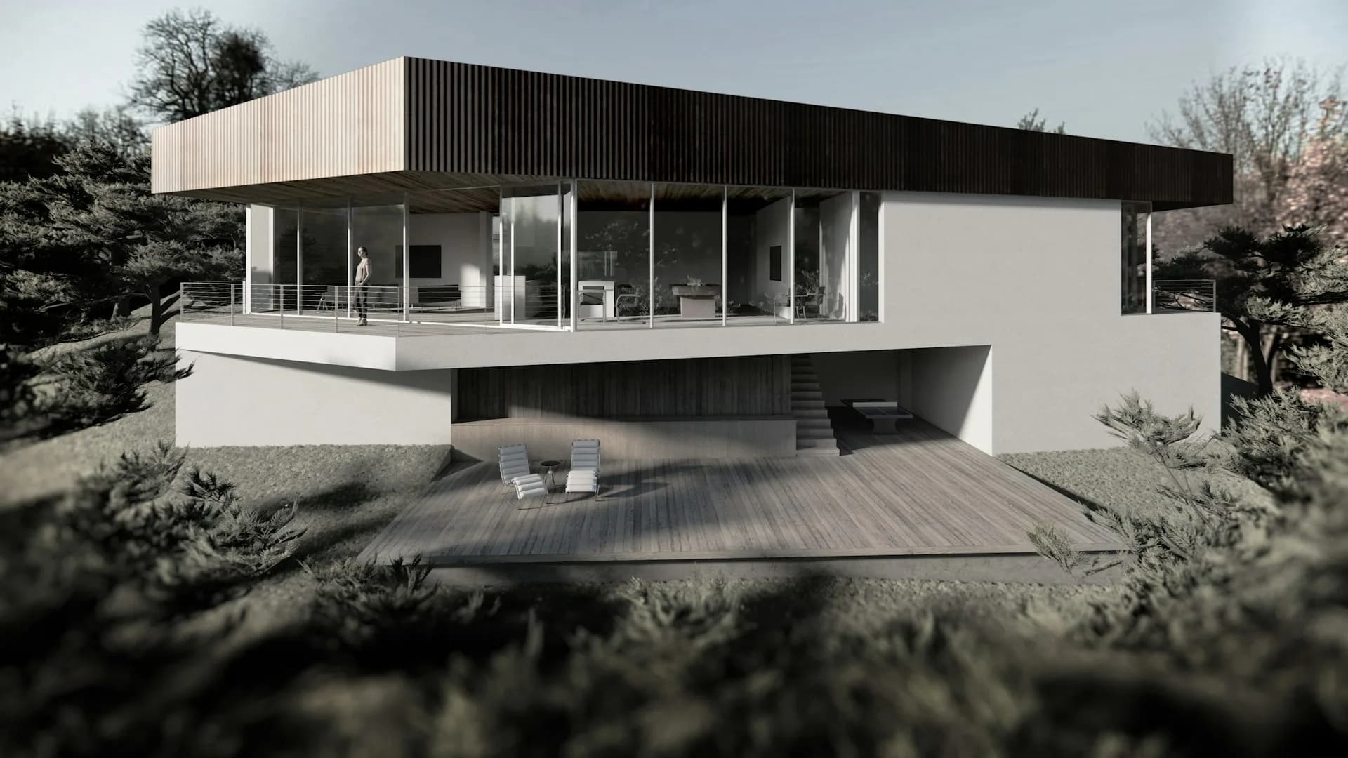 Modern residential house with curved white base, dark upper level, and expansive deck overlooking landscaped grounds by FORRM.