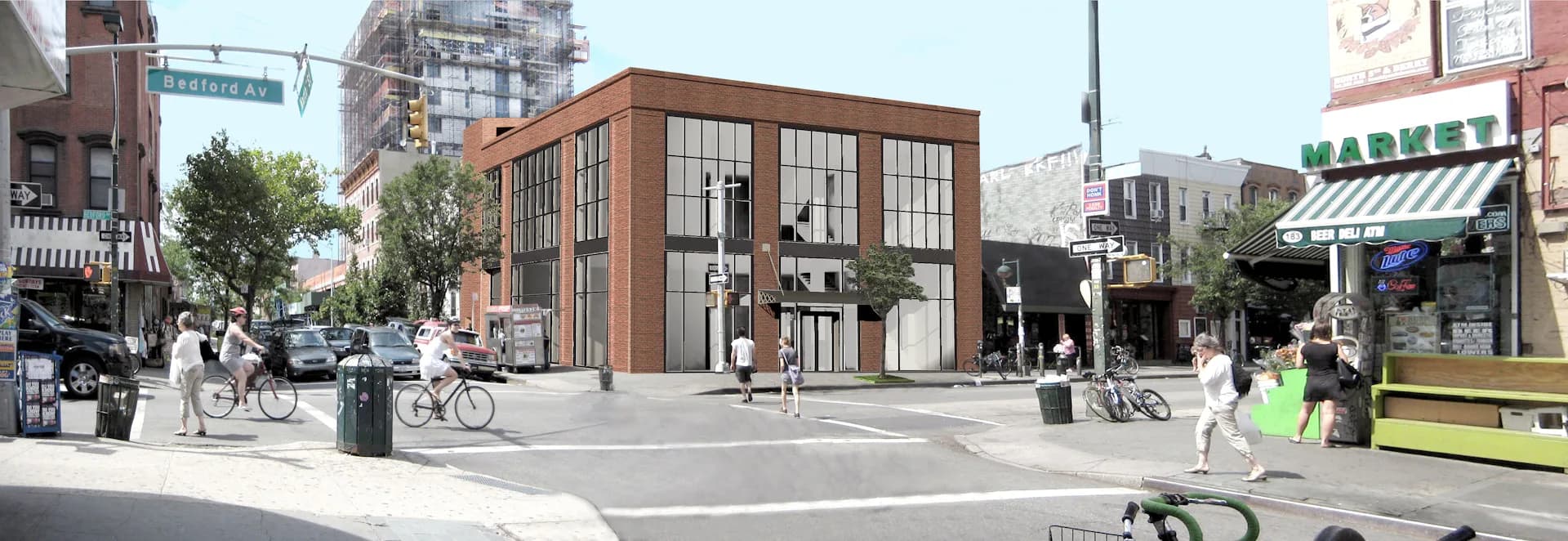 Street-level urban plaza with a modern brick pavilion, pedestrians, and bikes, rendered in clean daylight with softly detailed figures and trees by Fradkin Cooper.