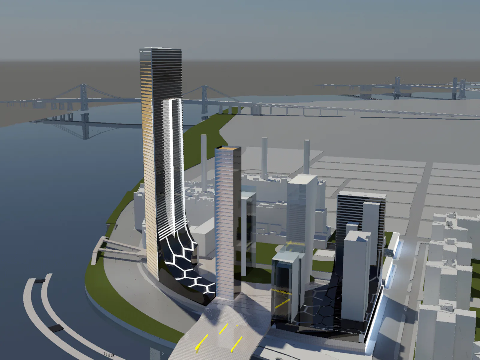 Architectural CGI rendering of a waterfront mixed-use development with tall striped towers, green landscaping, and bridge views by Frank Repas Architecture.
