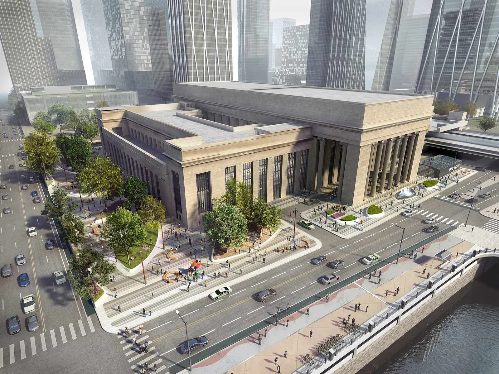 Aerial rendering of a classical stone building with green roofs and modern skyscrapers backdrop, showing public plaza with trees and waterfront access by FXCollaborative.
