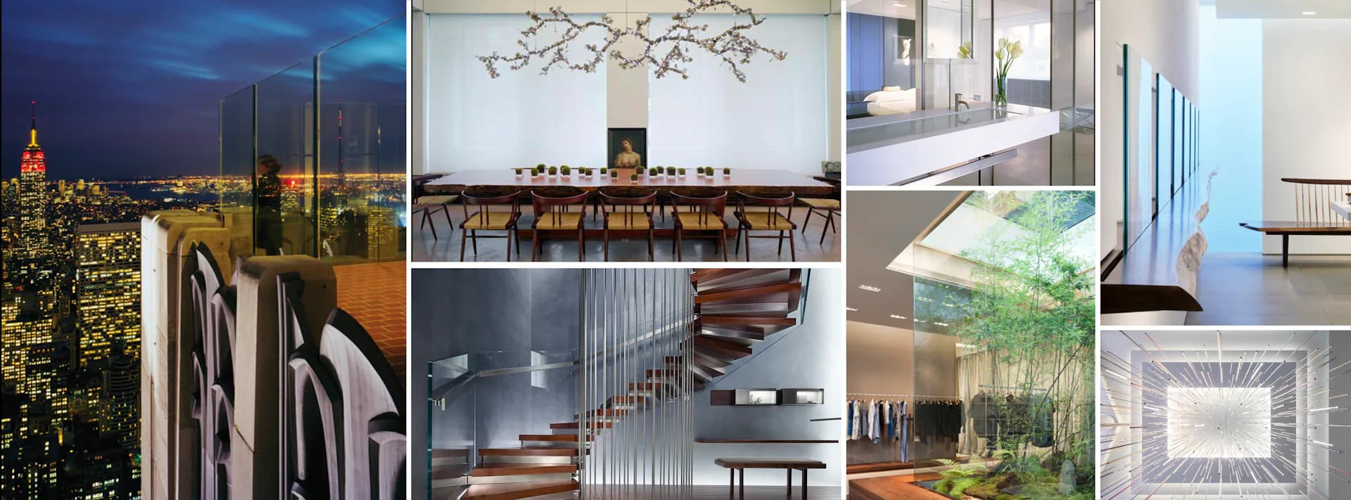 Portfolio grid showcasing luxury interior design projects including modern residential spaces, sophisticated dining areas, minimalist kitchens, and contemporary architectural details by Gabellini Sheppard Associates.