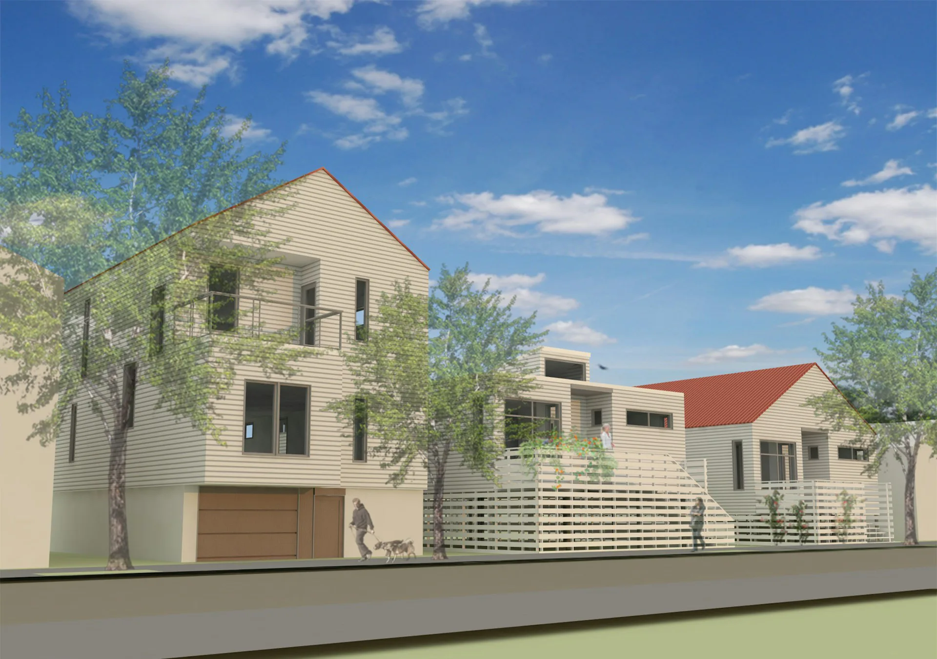 Architectural rendering of a contemporary residential complex featuring light-colored facades, pitched roofs, and integrated landscaping by Gans studio.