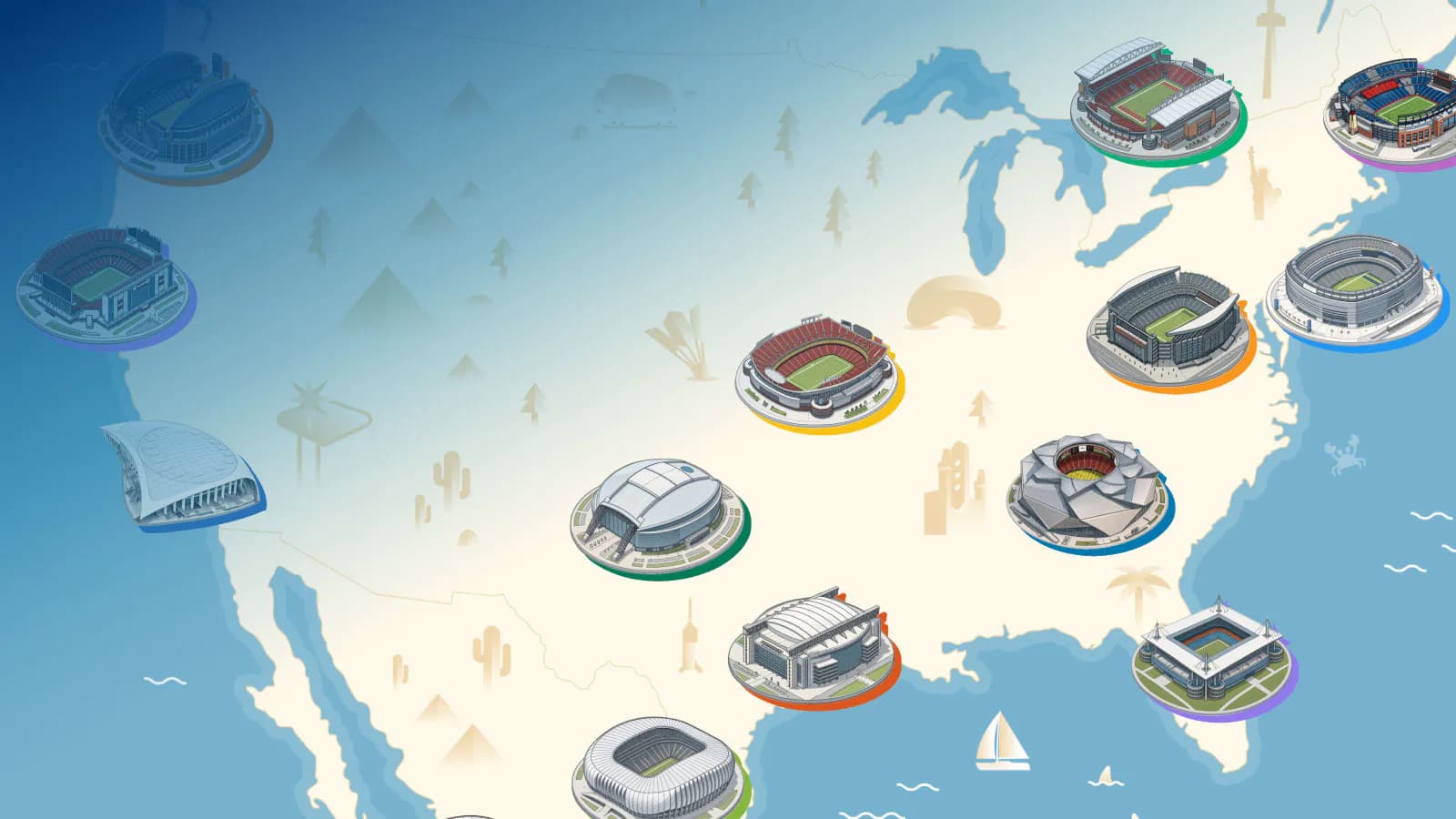 Isometric map of North America dotted with illustrated stadium structures in various colors, showing sports venue locations across the continent by Gensler New York.