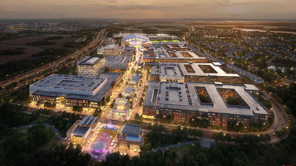 Aerial dusk rendering of a large mixed-use development complex with illuminated buildings, plazas, and landscaping set in a suburban landscape by Gensler New York.