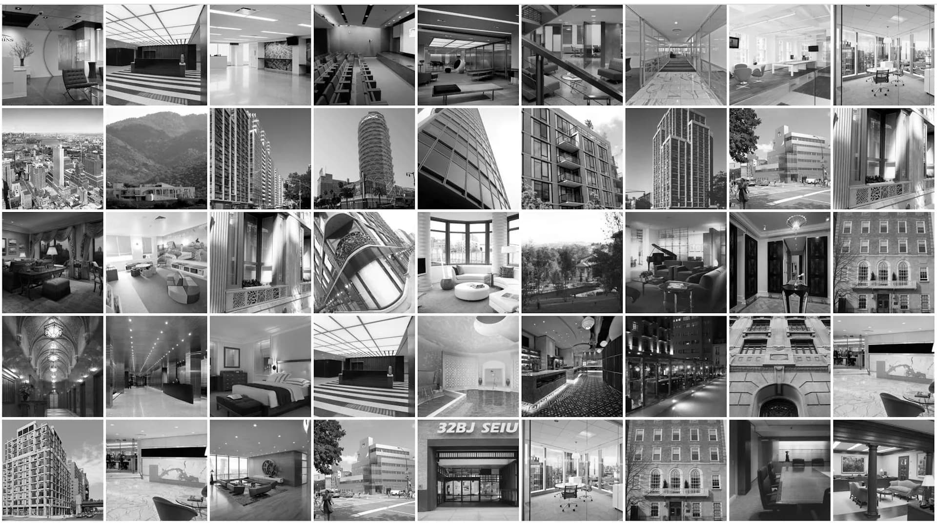 Collage of black and white architectural photography showcasing interior spaces, building exteriors, and design details including modernist structures, residential interiors, and commercial facades by Gerner Kronick + Valcarcel, Architects, DPC.