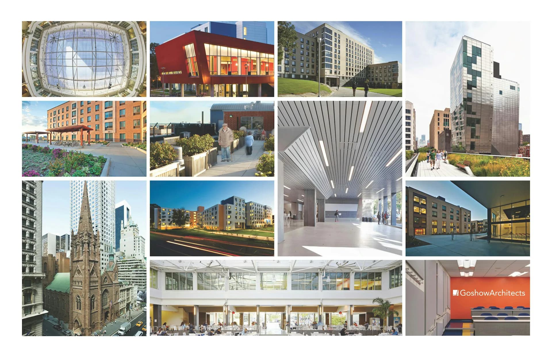 Collage of diverse architectural projects including residential buildings, commercial spaces, and interior designs showcasing modern urban development by Goshow Architects.