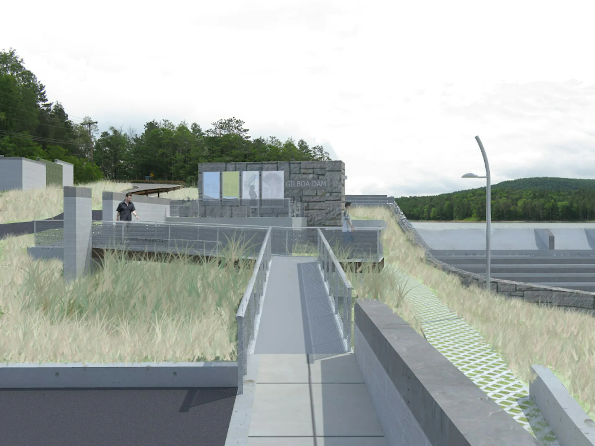 Architectural rendering of a modern waterfront facility with green roofs, concrete walkways, and native plantings overlooking a lake and forested landscape by Goshow Architects.