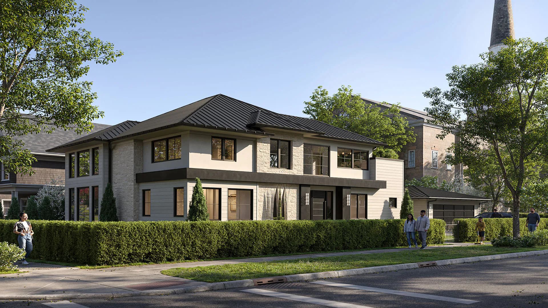 Modern two-story residential home with cream and dark facade, black roof, large windows, and manicured hedge landscaping by Gregory Switzer Architecture.