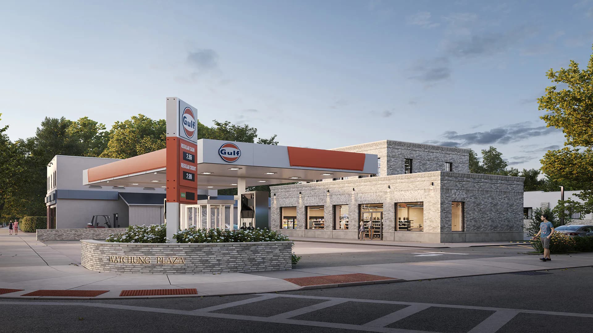 Modern gas station and convenience store with stone and metal facade, flat artificial lighting, and synthetic trees typical of architectural visualization by Gregory Switzer Architecture.