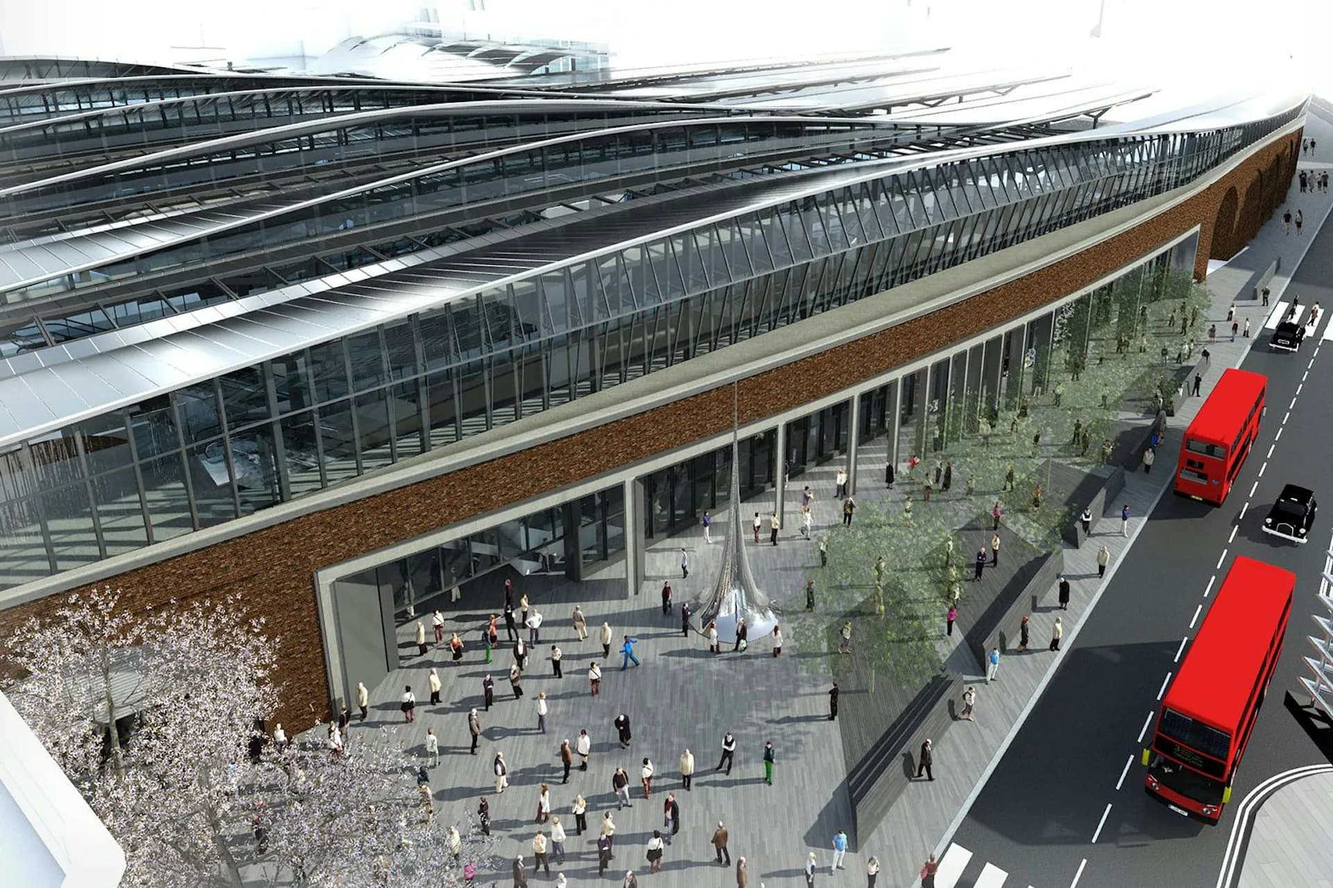 Aerial view of a modern public plaza with curved copper-clad building, glazed facades, landscaped courtyard with trees and seating areas, and street-level retail spaces by Grimshaw Architects.