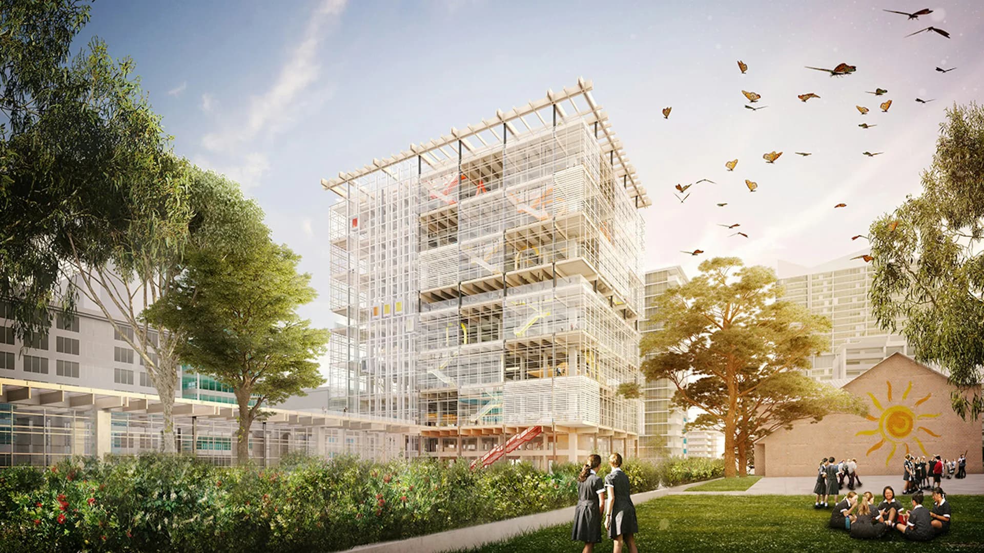Architectural rendering of a contemporary glass and timber office building with integrated green spaces, surrounded by trees and pedestrians, by Grimshaw Architects.