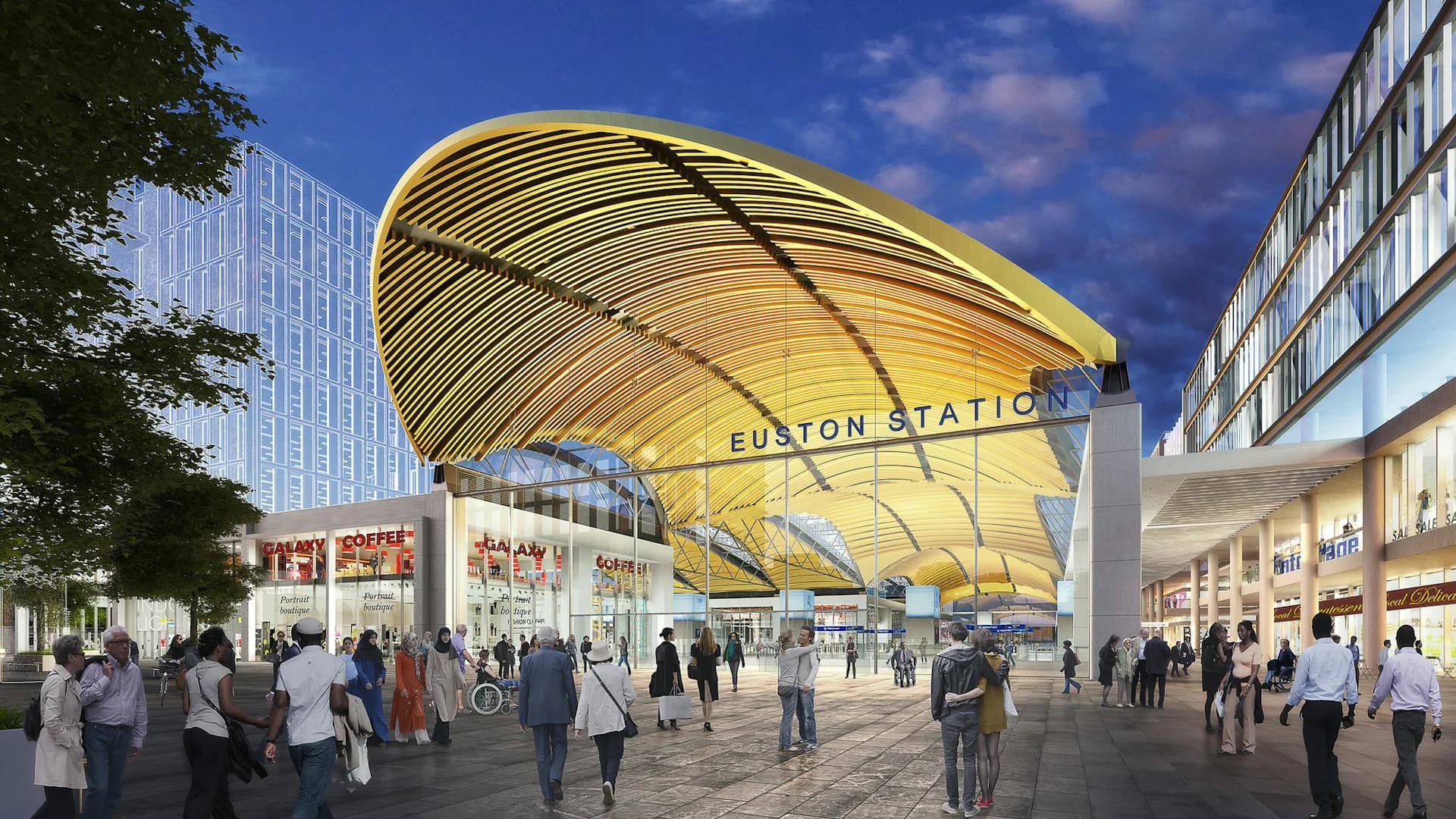 Golden curved canopy structure over a plaza with pedestrians at Euston Station by Grimshaw Architects, featuring synthetic lighting and idealized rendering qualities.