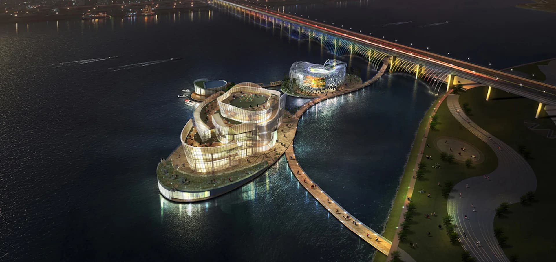Illuminated circular waterfront structure with curved architecture connected by walkways at night by H ARCHITECTURE.