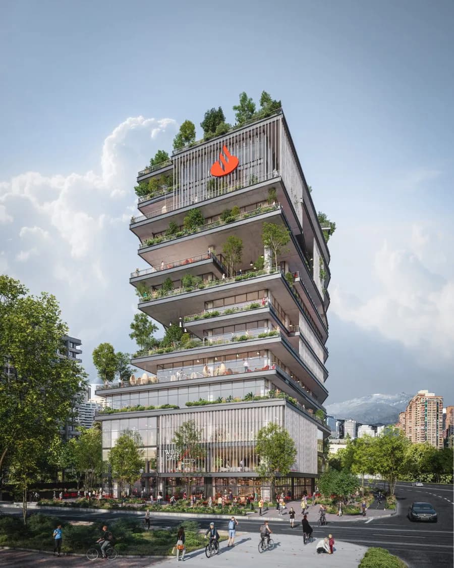 Tall contemporary tower with stacked green terraces and a red Nike swoosh logo at the top, surrounded by landscaping and street-level activity by Handel Architects.