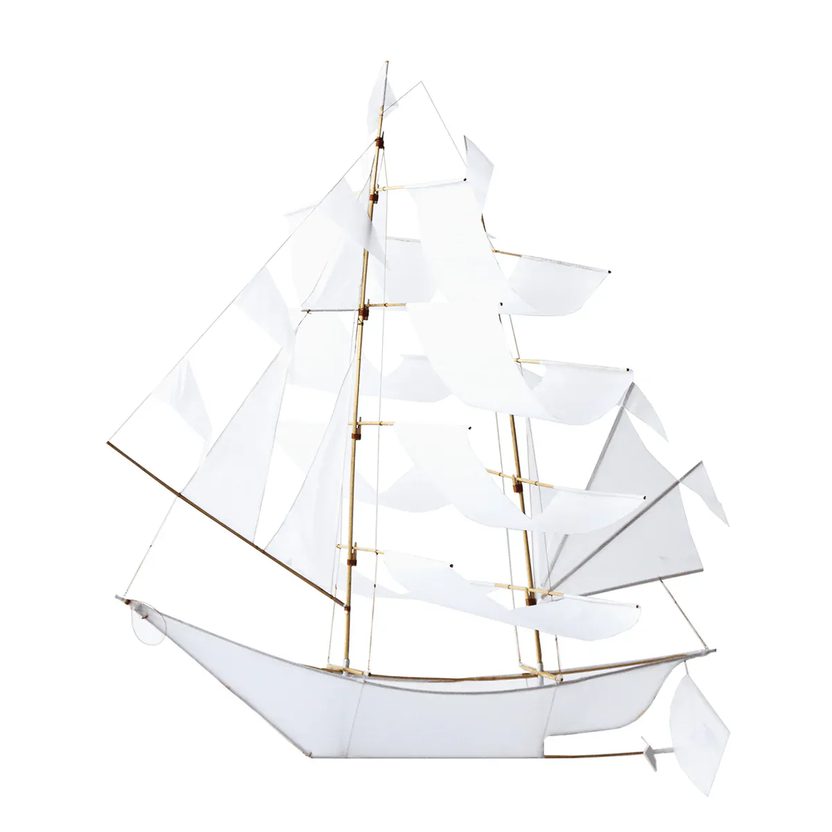 3D model of a classical sailing ship with white sails and wooden hull against a white background by Haptic Lab.