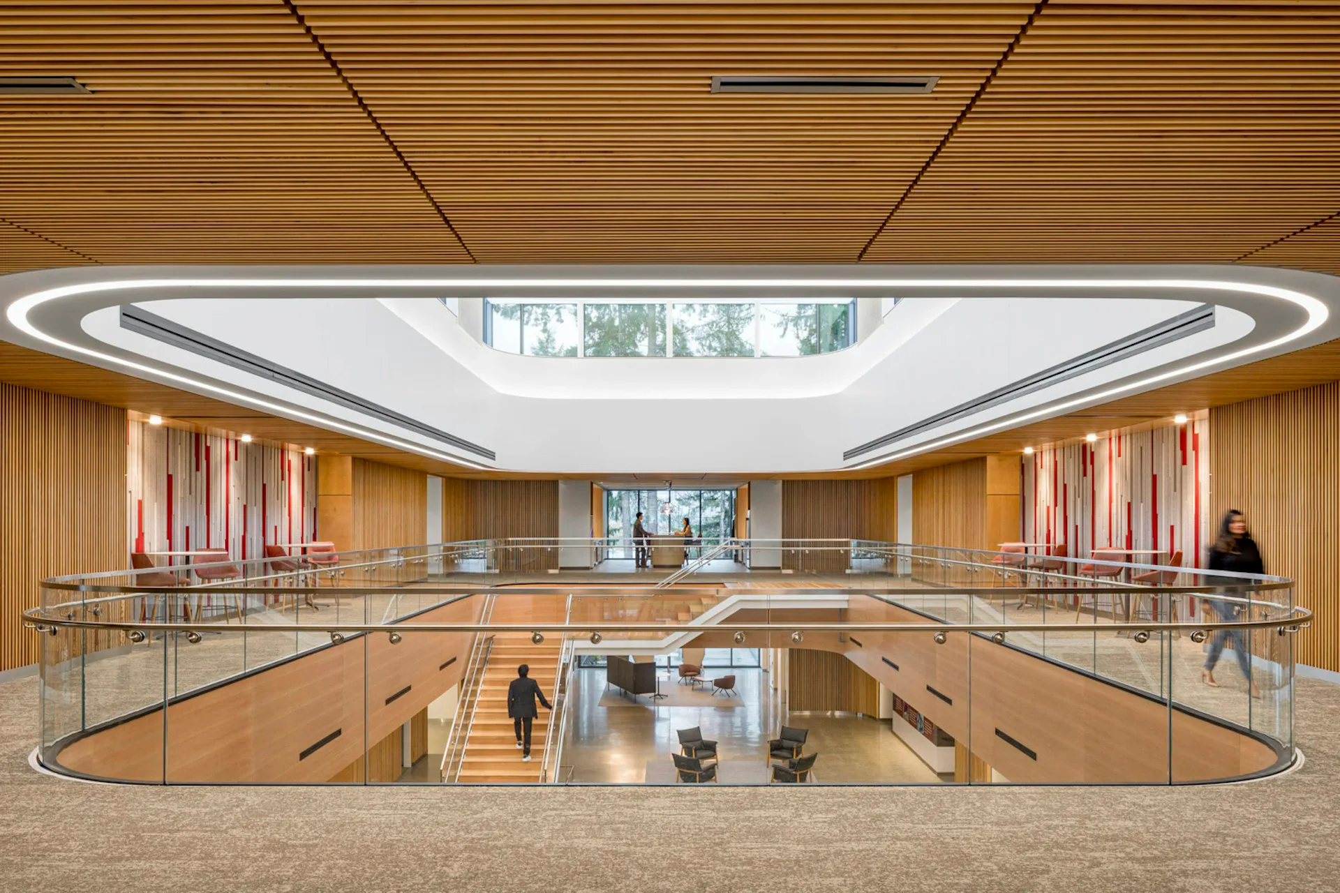 Modern multi-level interior with warm wood paneling, curved skylights, glass railings, and minimalist aesthetic design by HDR.