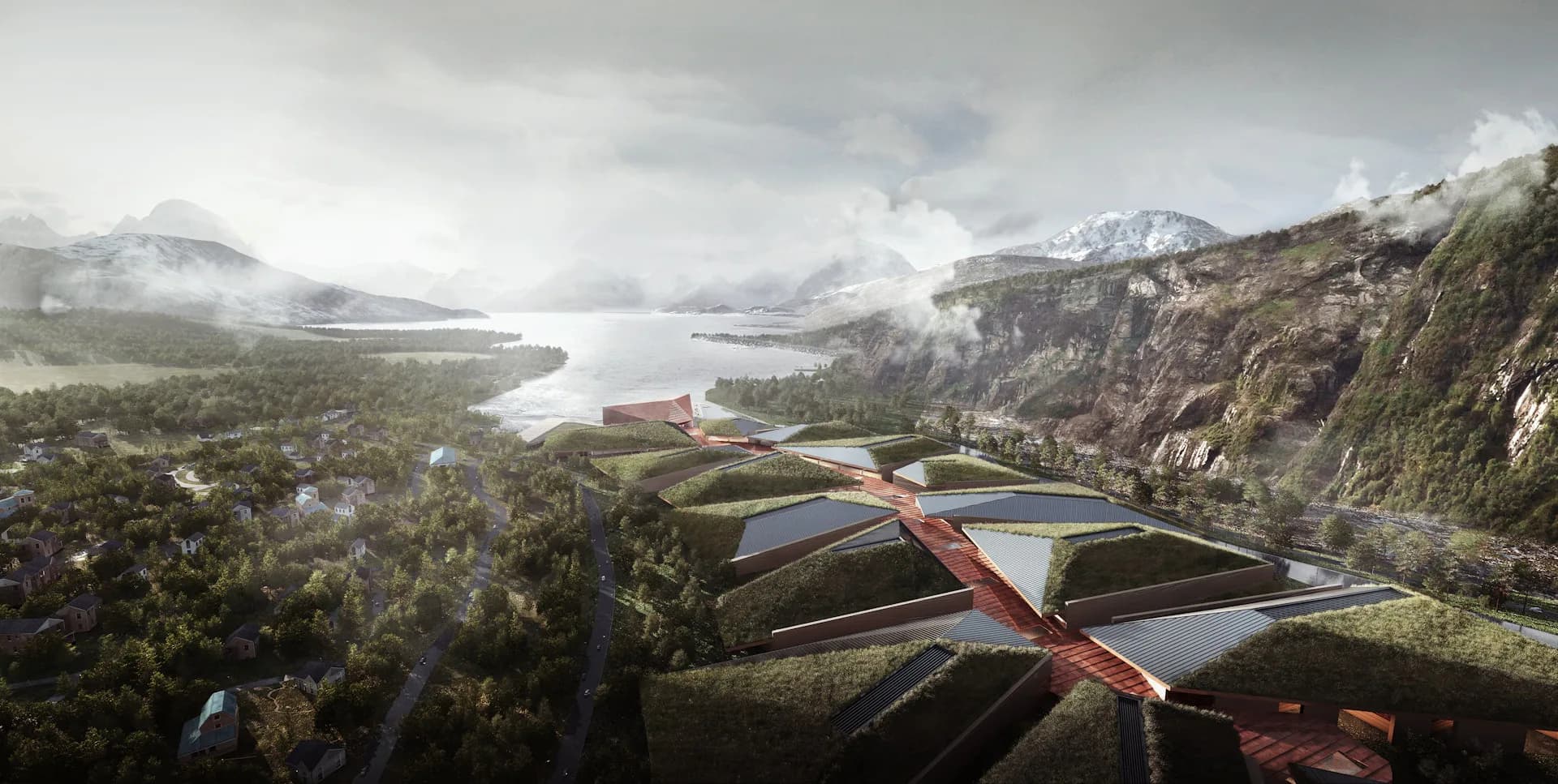 Aerial view of a contemporary landscape design featuring geometric water features and pathways integrated into mountainous terrain with forest and alpine lakes by HDR.