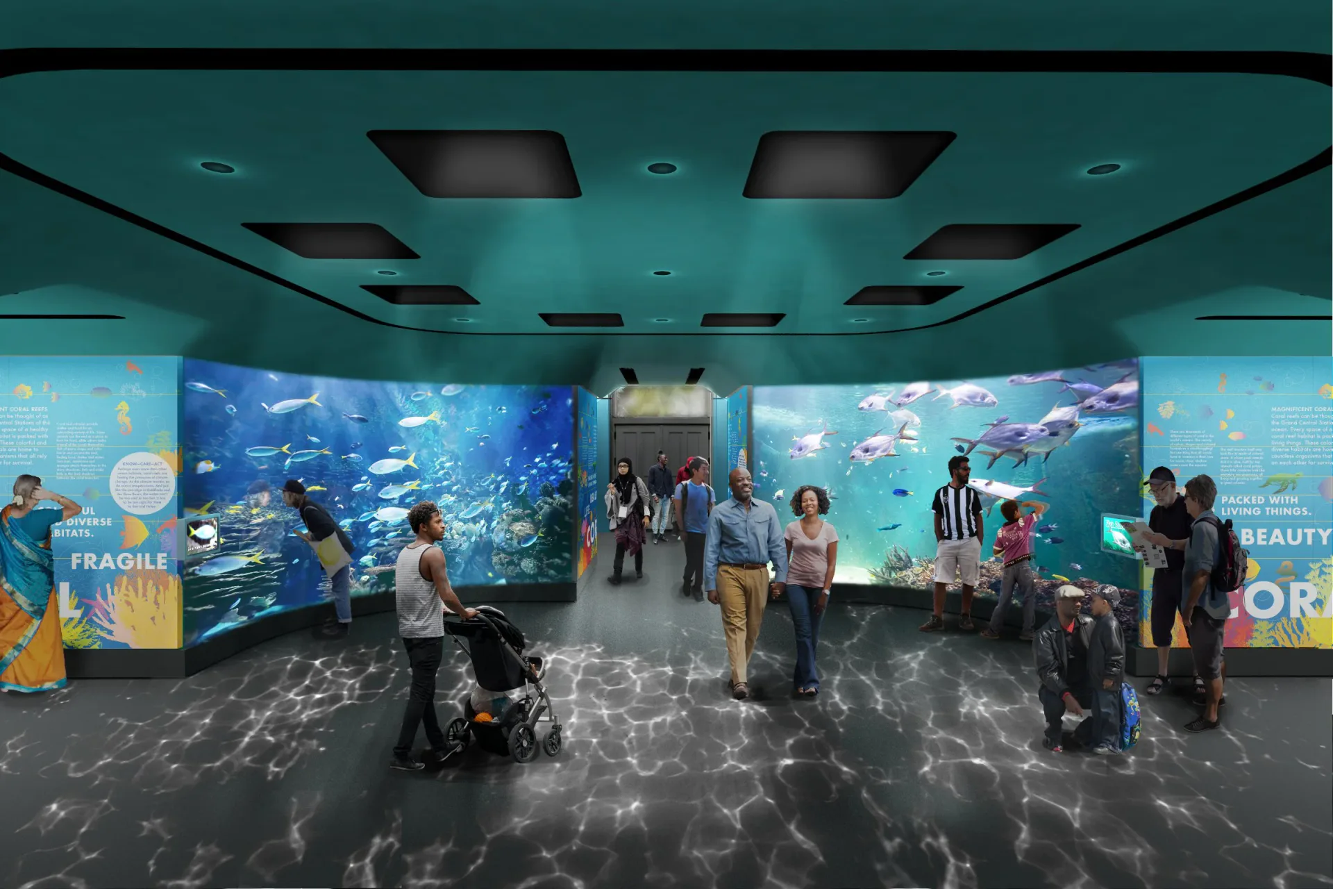Teal-walled aquarium exhibition space with large blue ocean displays, dark speckled flooring, and visitors viewing marine life installations by HH Work.