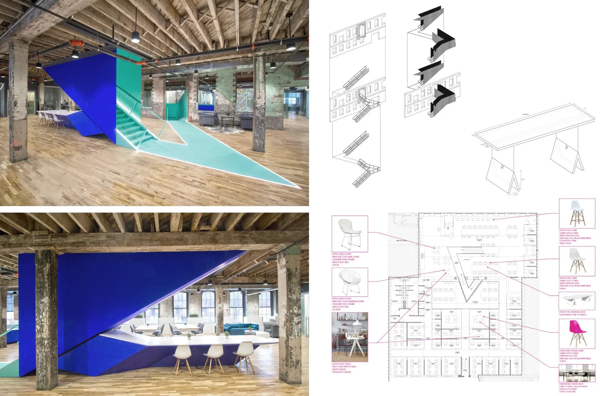 Warehouse office space with bold blue and turquoise geometric installations, featuring structural details, floor plans, and design specifications by HH Work.