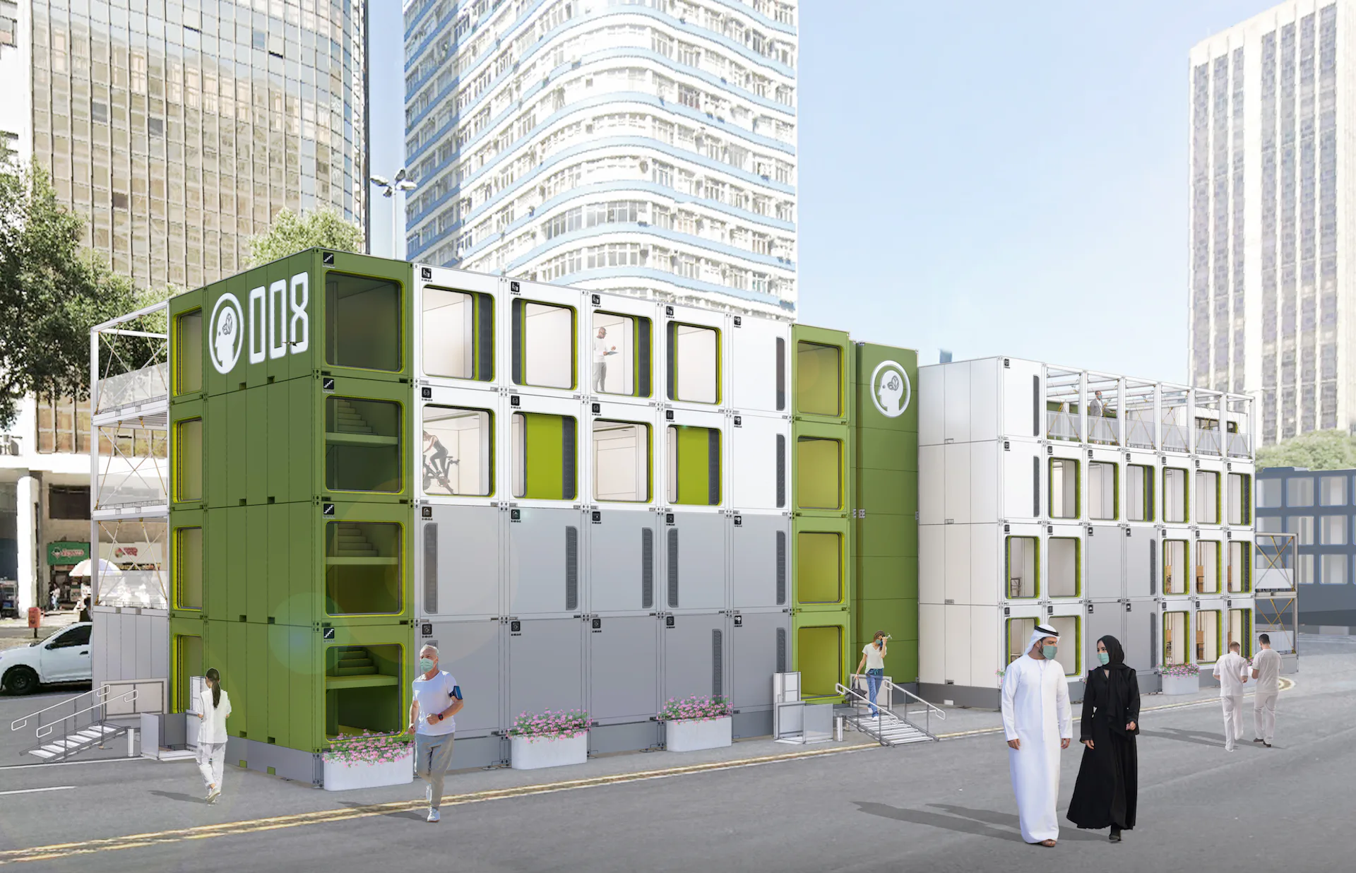 Modular green and white street-level pavilion with stacked cubic units featuring circular window details, surrounded by tall urban buildings and pedestrians, by HLW.