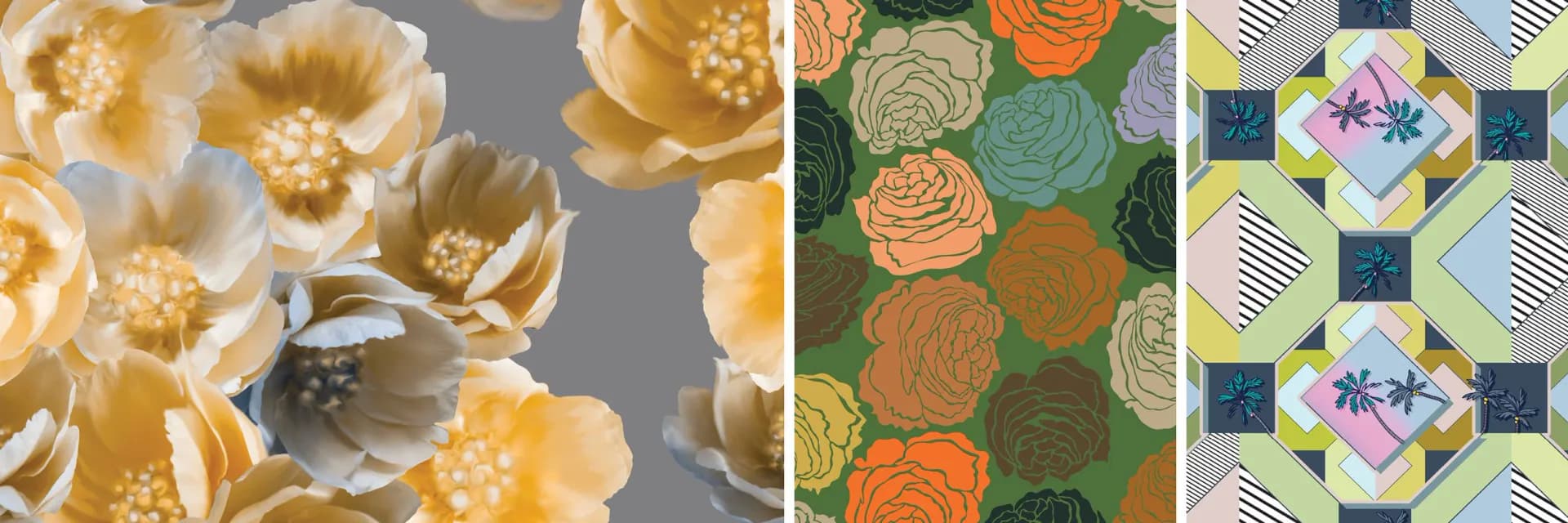 Three fabric or wallpaper textile patterns featuring floral and geometric designs in warm gold tones and jewel colors by House of June.
