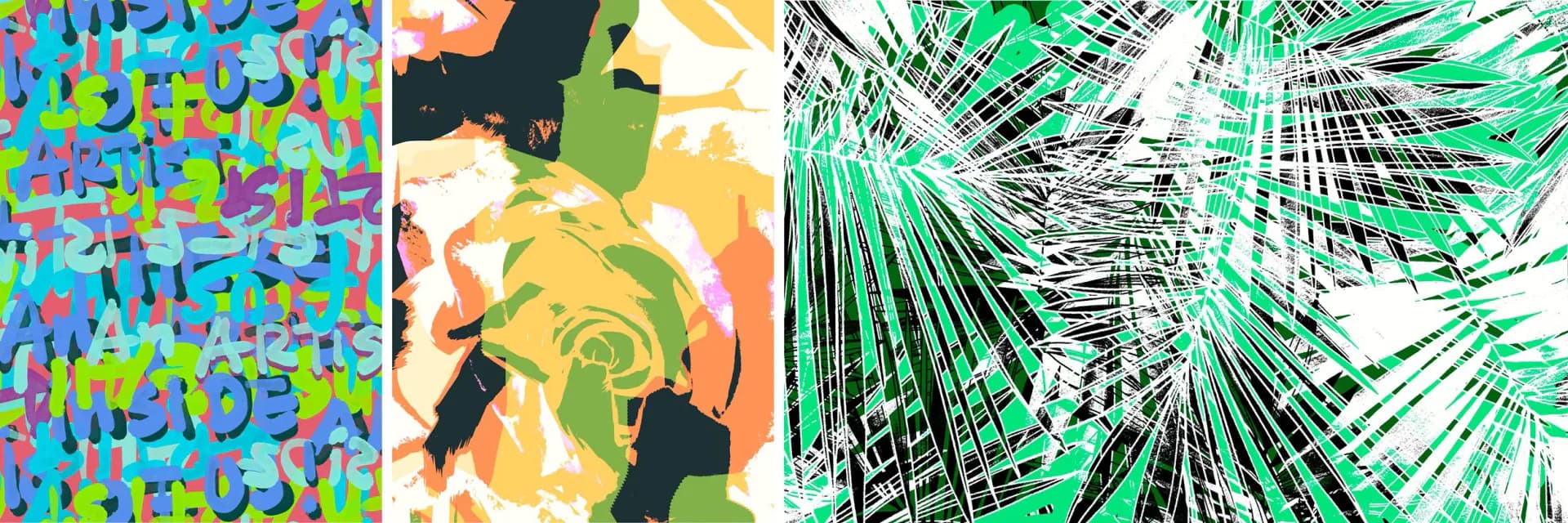Vibrant graphic design projects featuring bold typography, abstract geometric patterns, and dynamic color compositions in cyan, lime, orange, and green by House of June.
