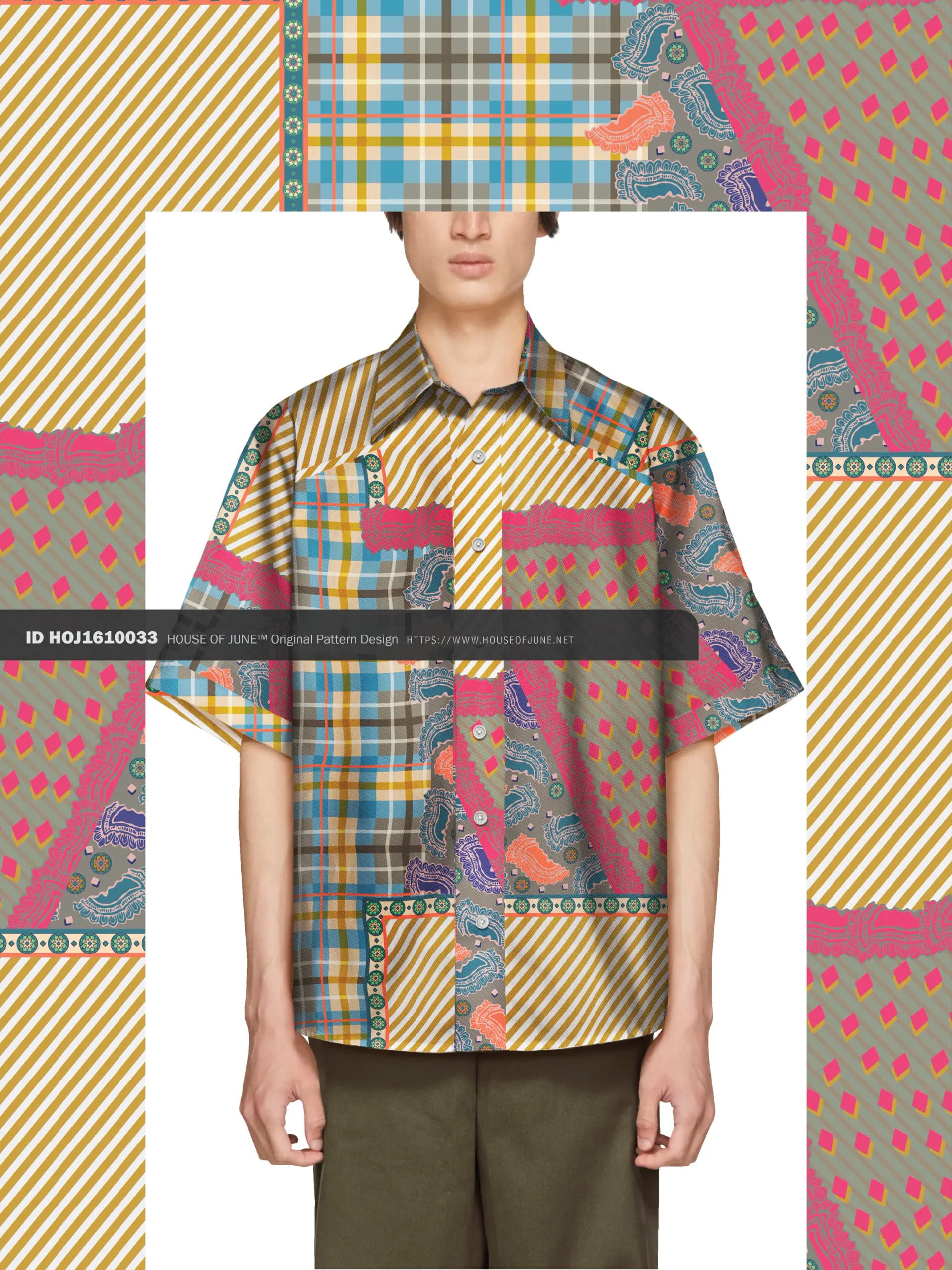 Patchwork short-sleeve shirt featuring mixed patterns including stripes, plaid, and paisley in gold, blue, and magenta by House of June.