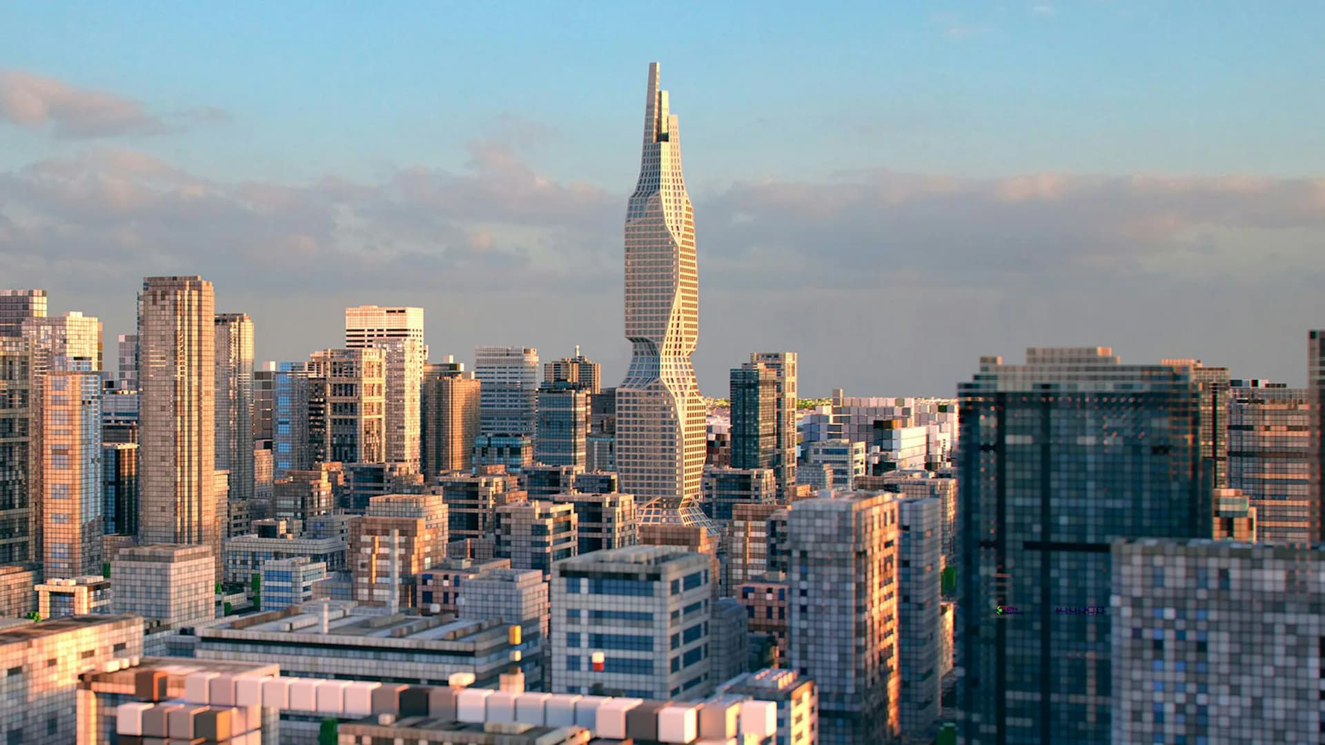 Manhattan skyline at golden hour featuring a distinctive twisted tower among surrounding buildings, designed by HWKN Architecture.