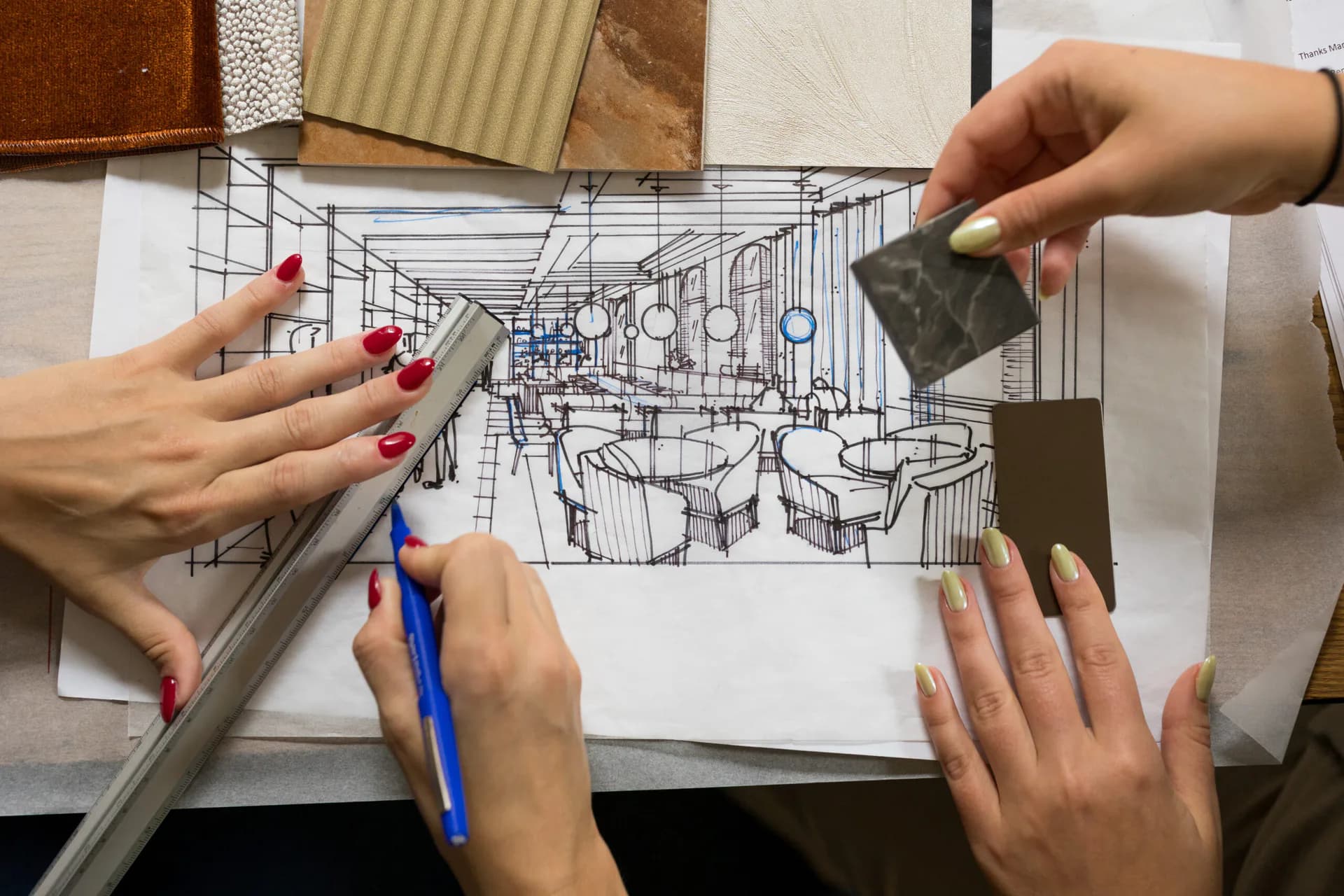 Architectural sketch with hand-drawn perspective lines of an interior space, showing furniture and spatial layout, with design tools and material samples visible, by ICRAVE.