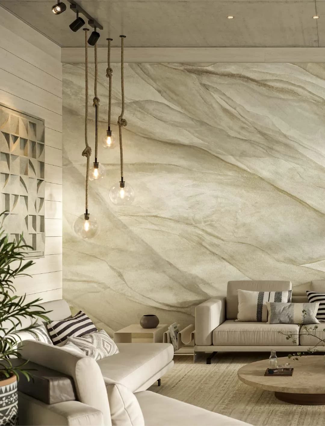 Luxurious living room with marble-effect feature wall, cream seating, pendant lighting, and geometric patterned accents by Innovations in Wallcoverings.