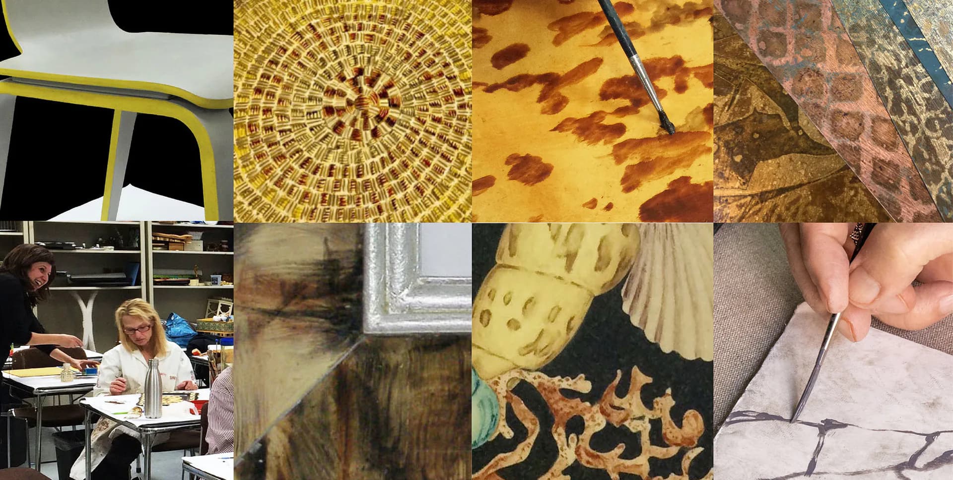 Collage showcasing decorative textile and material details including geometric patterns, gold leaf work, embroidered fabrics, and ornamental surface treatments by Isabel O'Neil Studio Workshop.