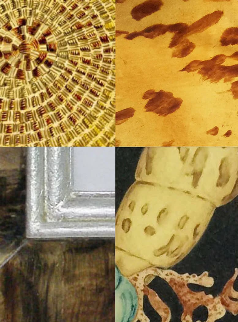 Four-panel collection showcasing decorative stenciling and gilding techniques on ceilings, walls, and architectural details in warm gold and earth tones by Isabel O'Neil Studio Workshop.