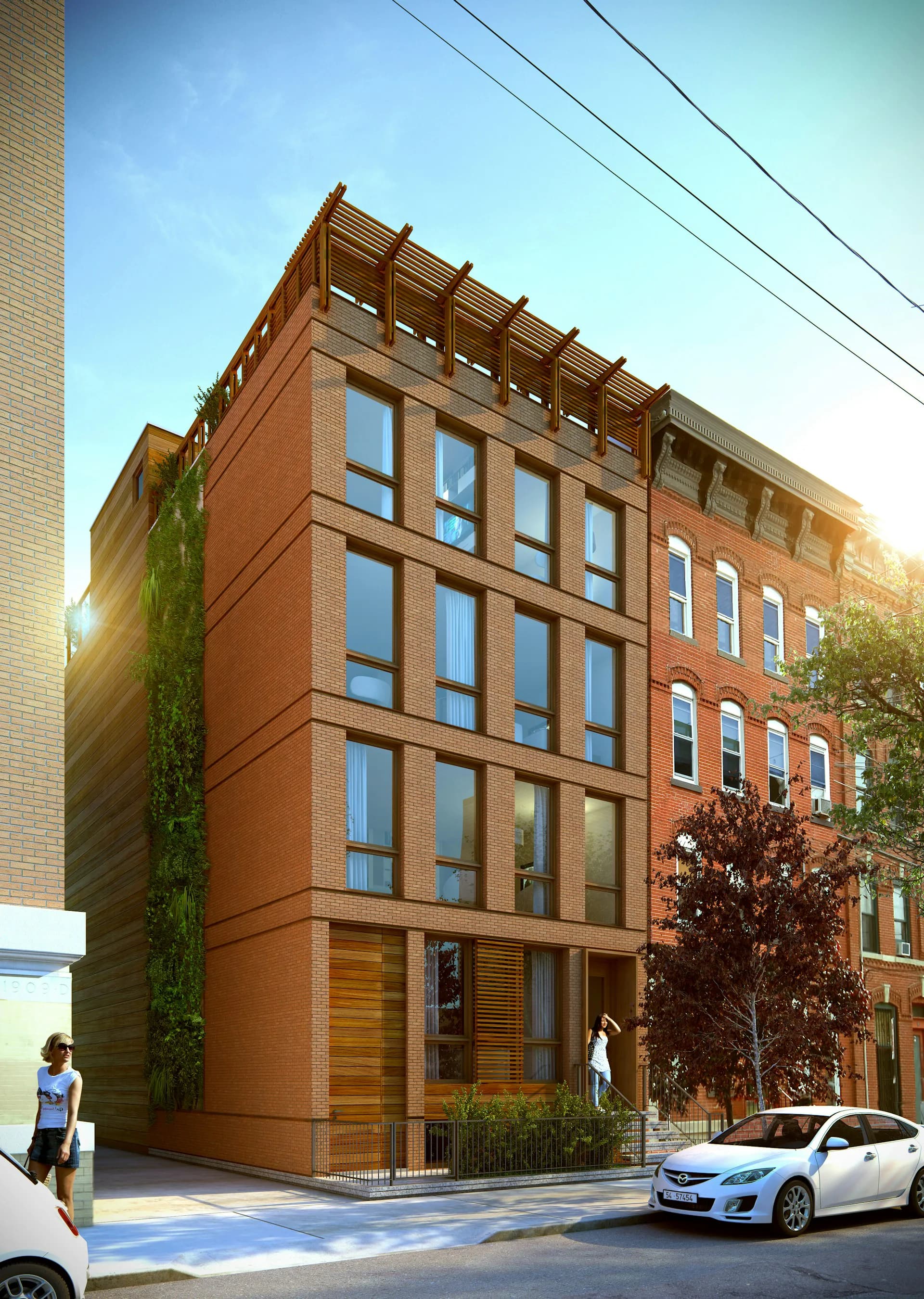 Modern residential building with terracotta brick facade, wooden pergola roofline, green climbing vines, and ground-floor glazing, streetscape rendering by JMA - Jorge Mastropietro Architects Atelier.