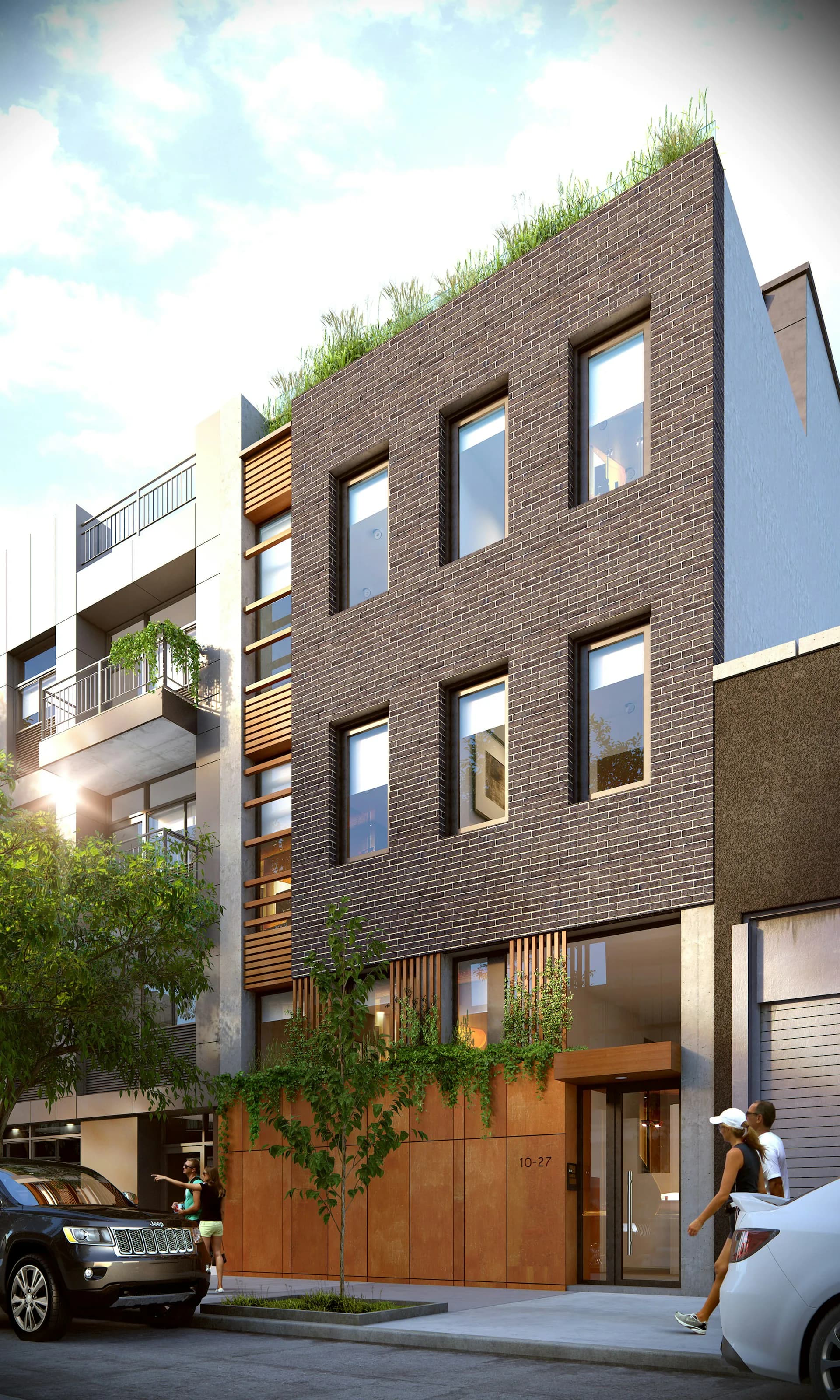 Contemporary brick residential building with green roofing, large windows, wooden garage doors, and integrated street-level parking, designed by JMA - Jorge Mastropietro Architects Atelier.
