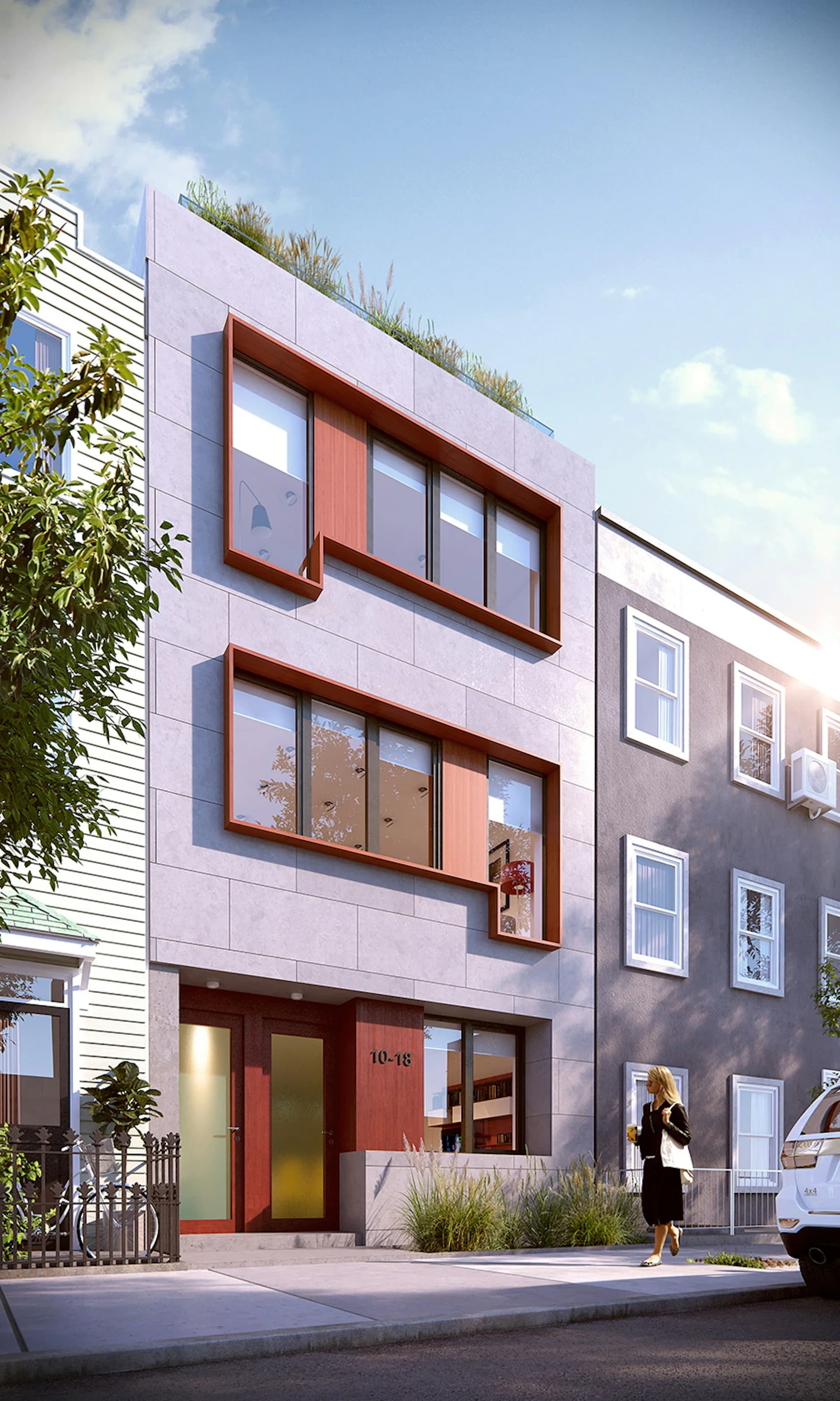 Modern residential building facade with lavender-toned panels, warm copper-framed windows, red entry door, and rooftop greenery, street-level view by JMA - Jorge Mastropietro Architects Atelier.