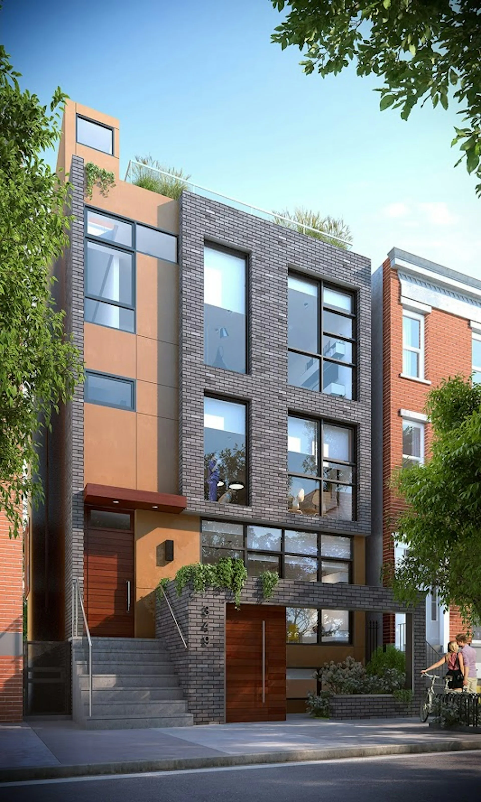Contemporary residential building facade with dark brick, orange/tan metal panels, and large windows set between traditional brick neighbors, designed by JMA - Jorge Mastropietro Architects Atelier.