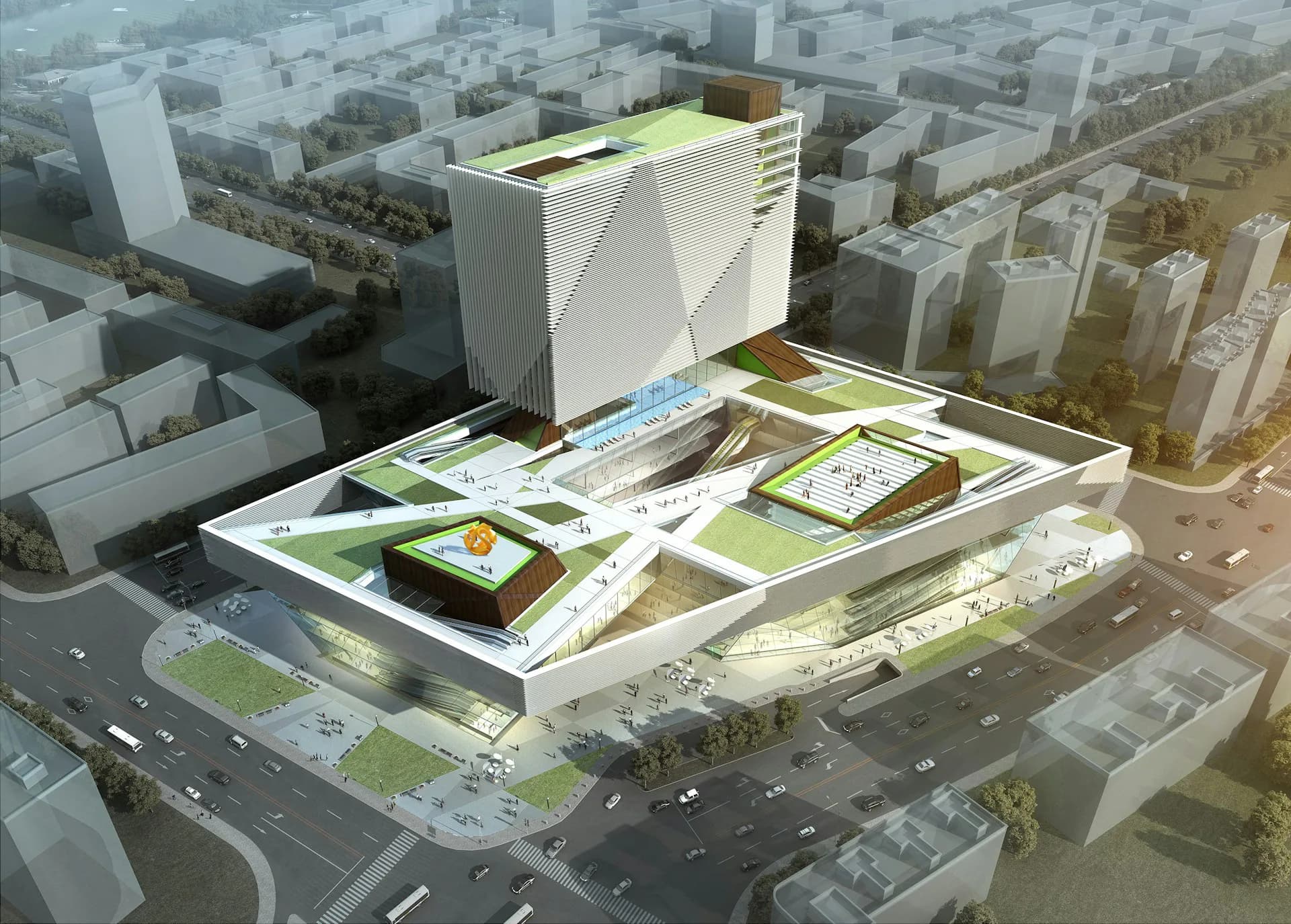 Aerial rendering of a mixed-use development with terraced green roofs, a tall white tower, and landscaped plaza by Joel Sanders Architect.