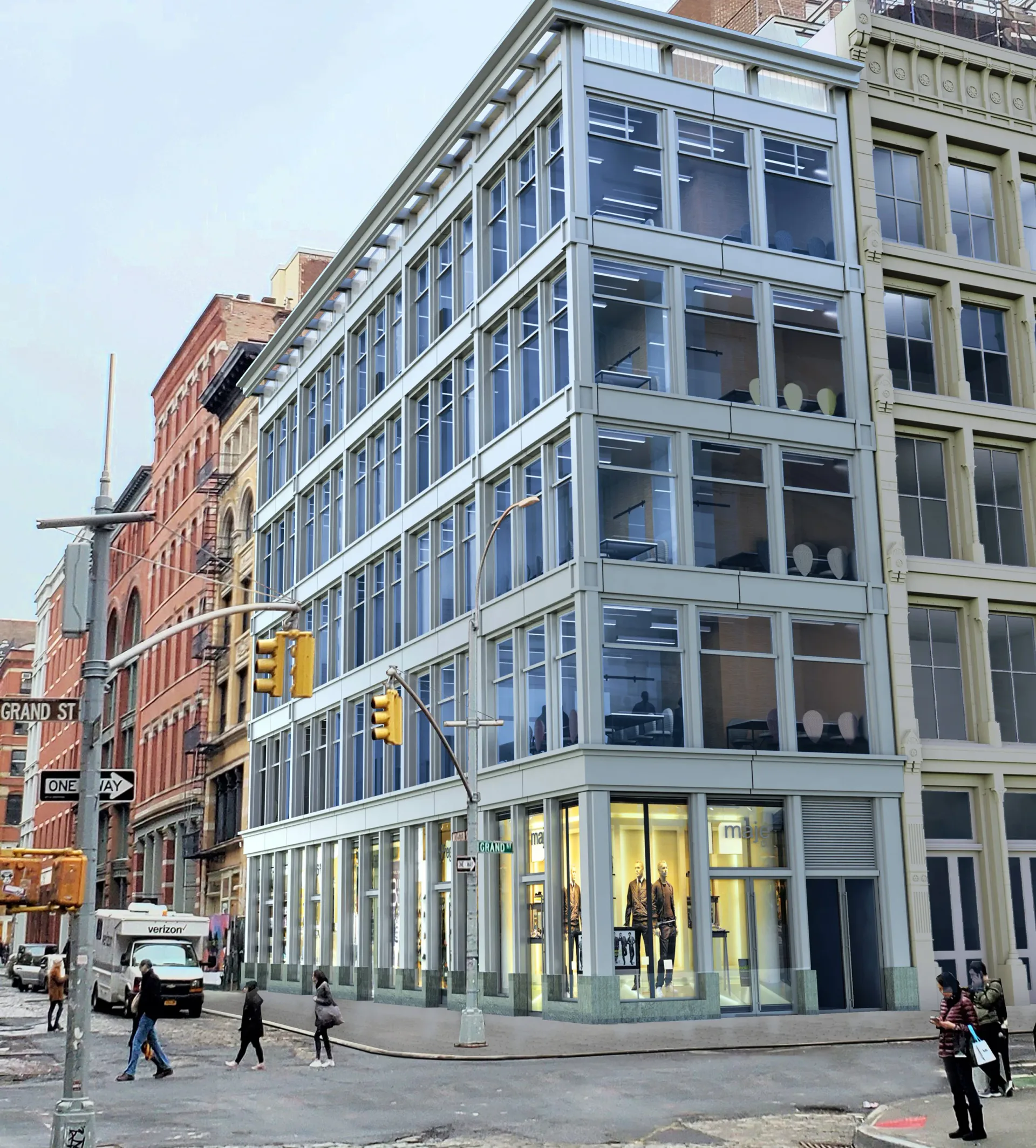Contemporary corner building with glazed blue-framed facade and ground-floor retail, positioned on urban street with historic masonry structures adjacent, designed by Katz Architecture.