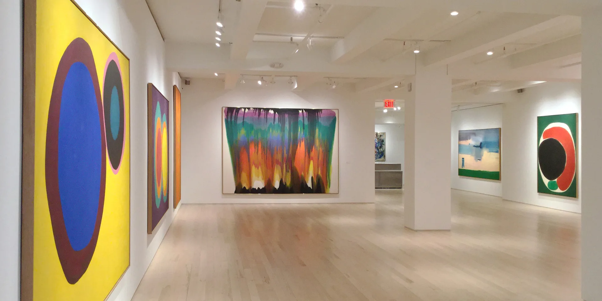 Contemporary art gallery with polished concrete floors, white walls, and track lighting displaying colorful abstract paintings in yellow, blue, orange, and red tones by Kenne Shepherd Interior Design Architecture PLLC.