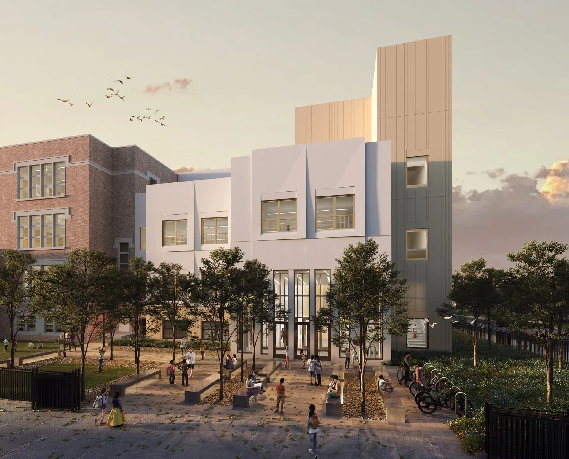 Architectural rendering of a mixed-use development with brick and modern building facades, ground-level plaza with trees and pedestrians, warm sunset lighting by Kenny & Khan Architects PC.