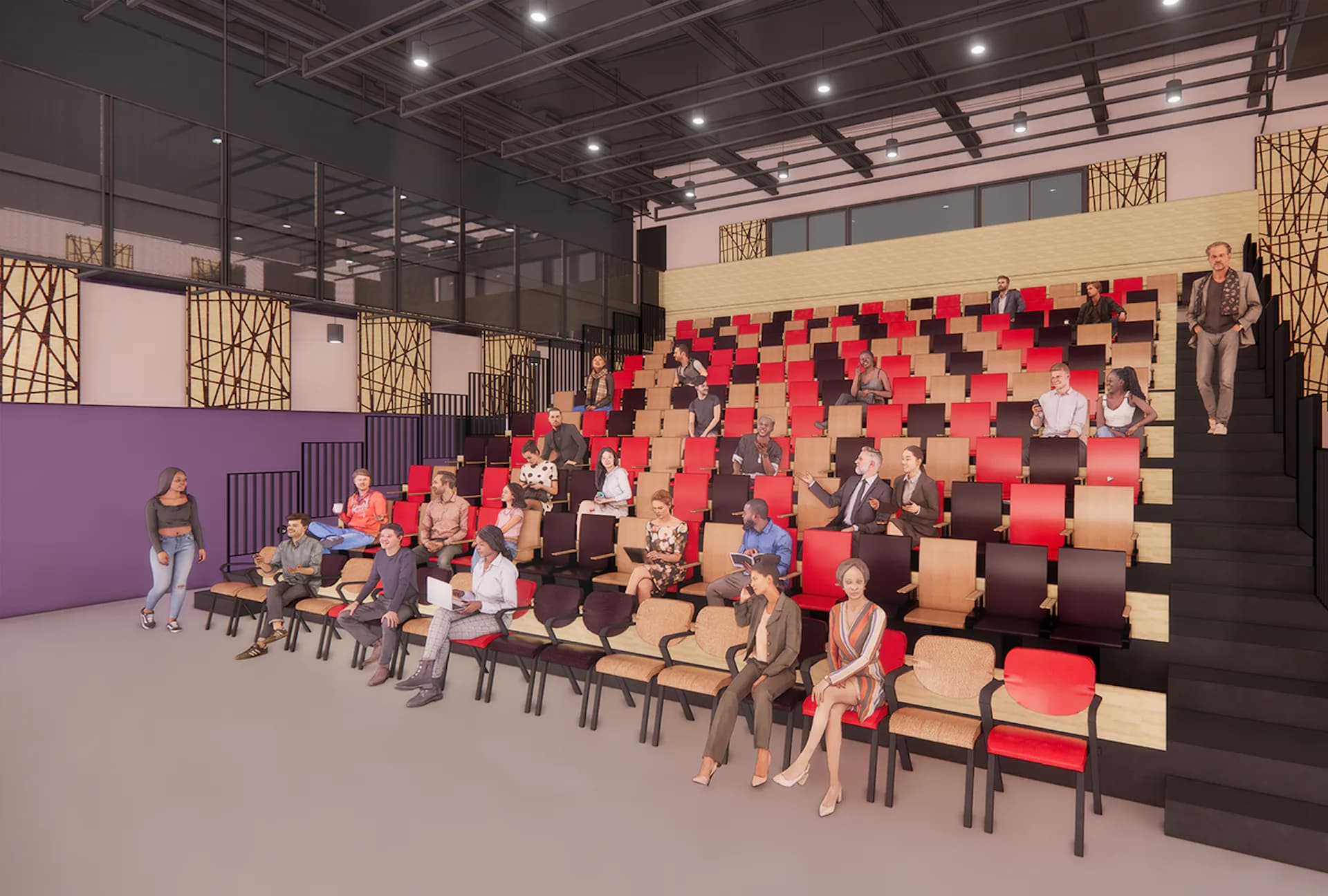 Modern auditorium interior with red and black modular seating, geometric wall patterns, and dramatic lighting designed by Kostow Greenwood Architects.