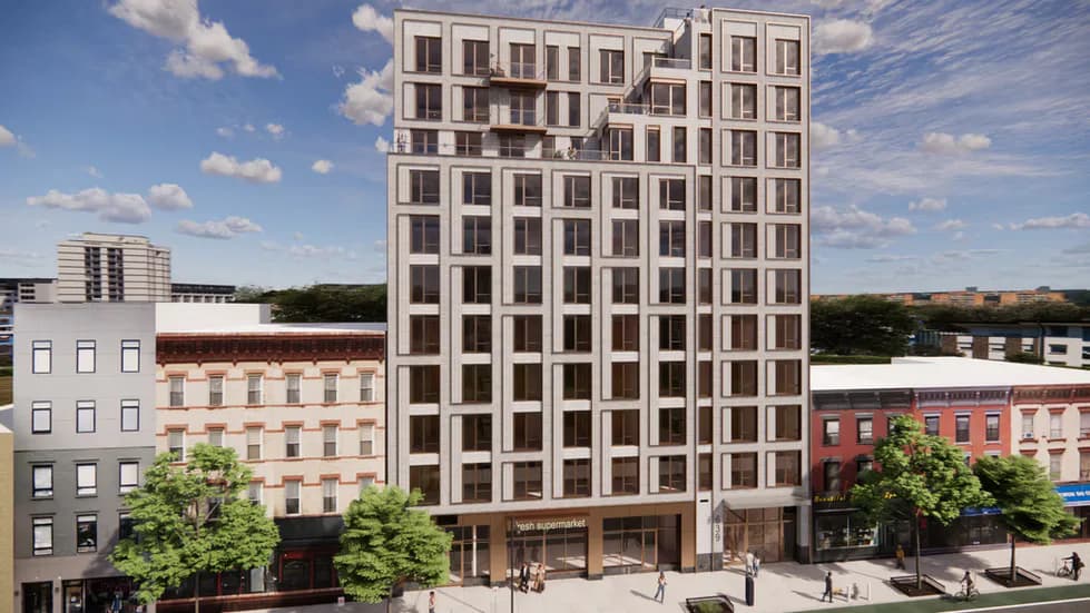 Architectural rendering of a modern multi-story residential building with gridded facade, surrounded by shorter heritage buildings and street-level plaza by Kutnicki Bernstein Architects.