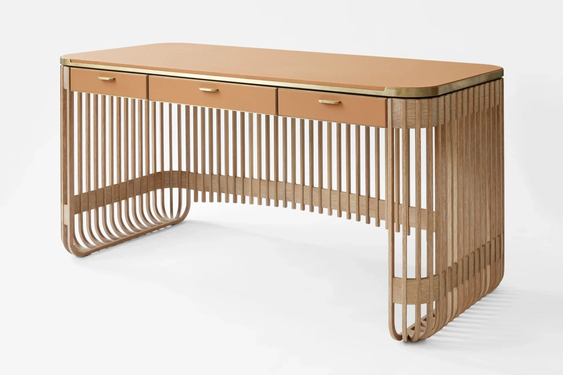 Curved wooden desk with vertical slat detailing, drawers, and organic flowing base design by KWH Furniture.